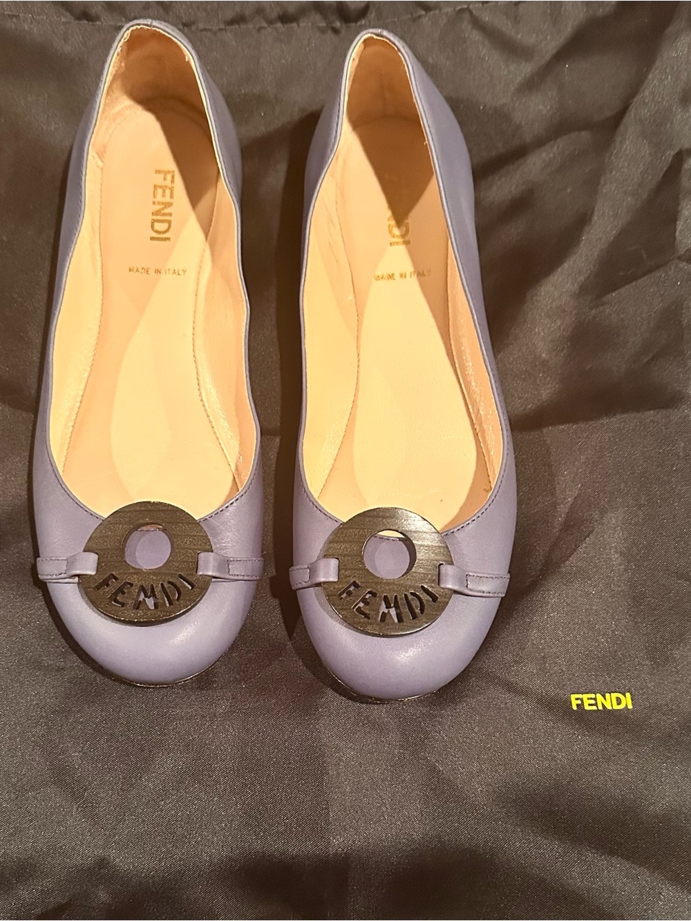 Fendi Blue Lavender Leather Ballet Flats with Round Logo Medallion
